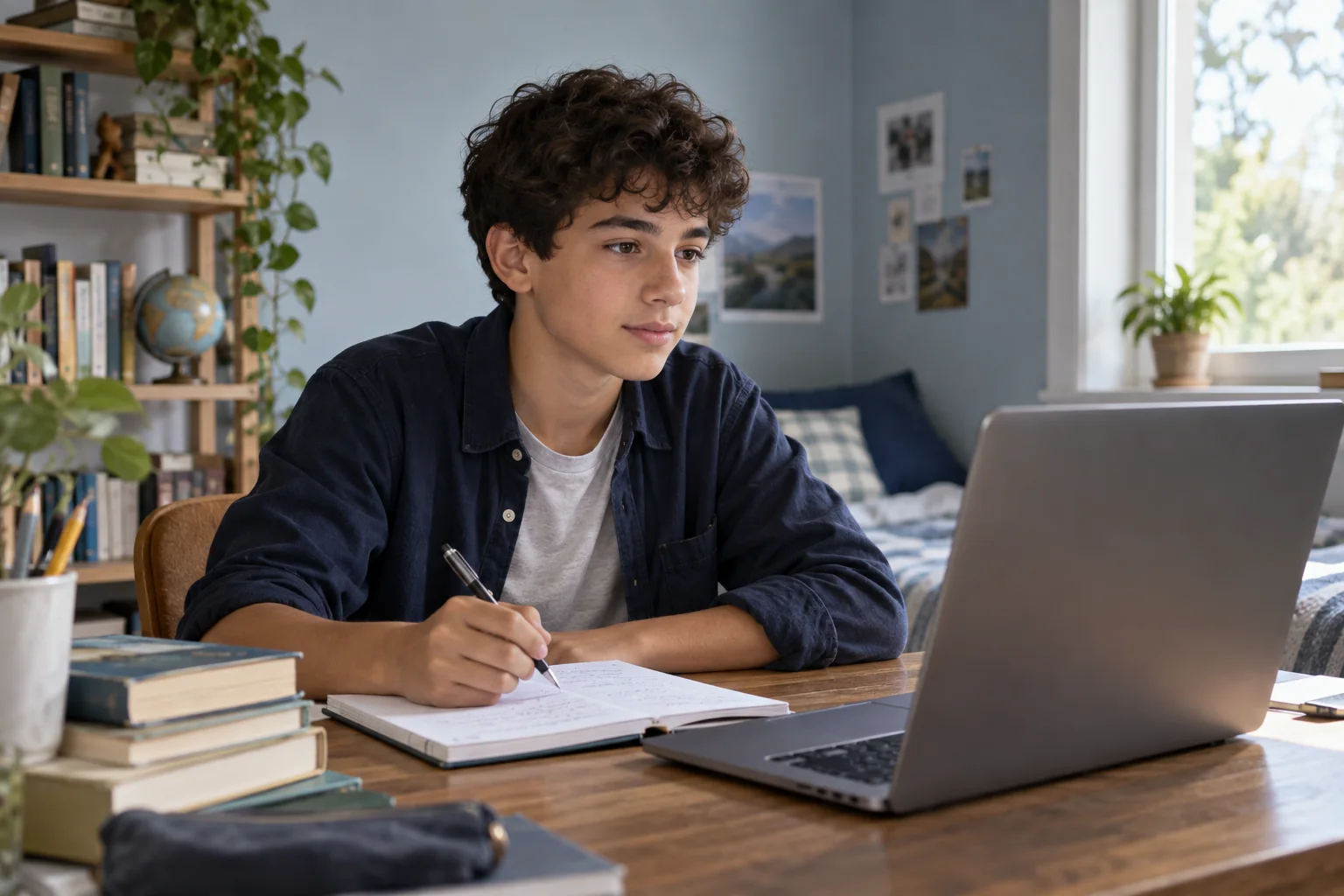 Teenager taking notes during an online English discussion
