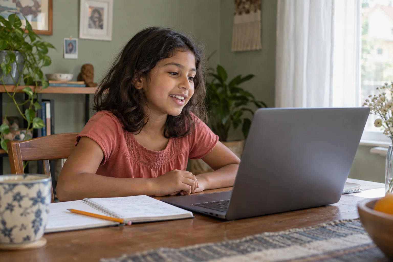 Child speaking during an online English activity at home