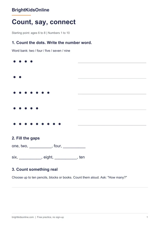 Preview: English numbers worksheet for kids