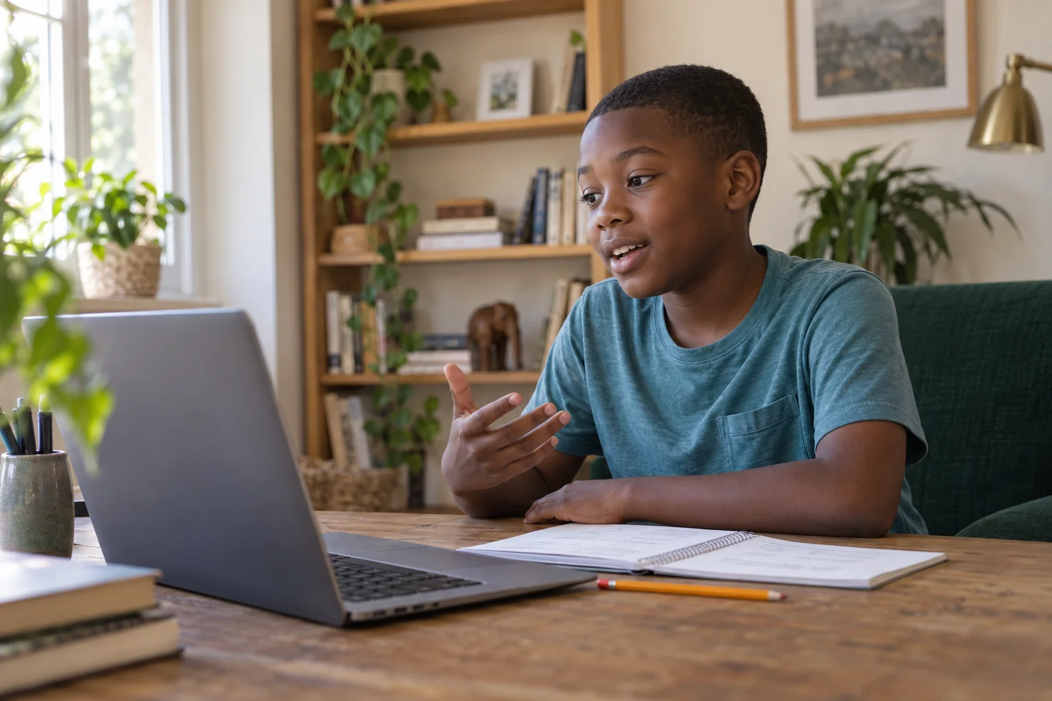 Child speaking during an online French conversation at home
