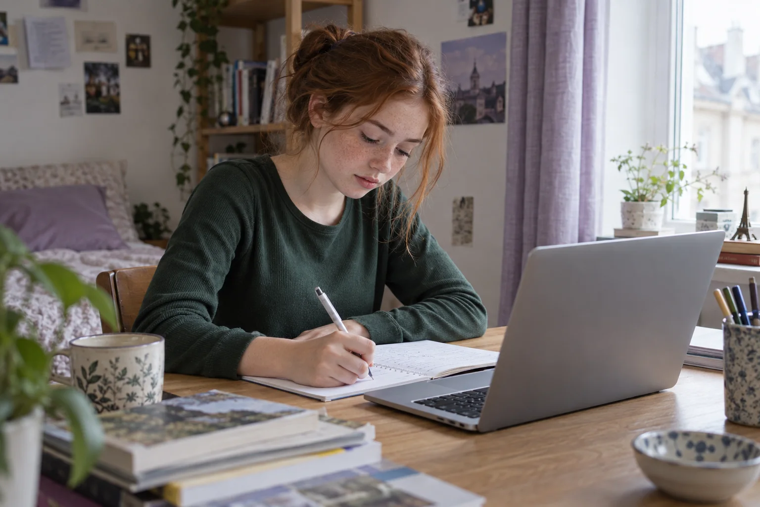 Teenager writing in a notebook during an online French activity