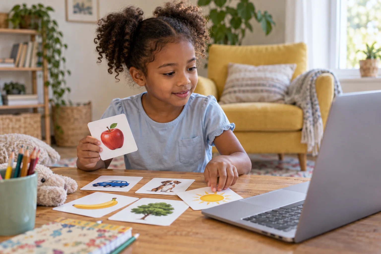Child exploring French with picture cards beside a laptop