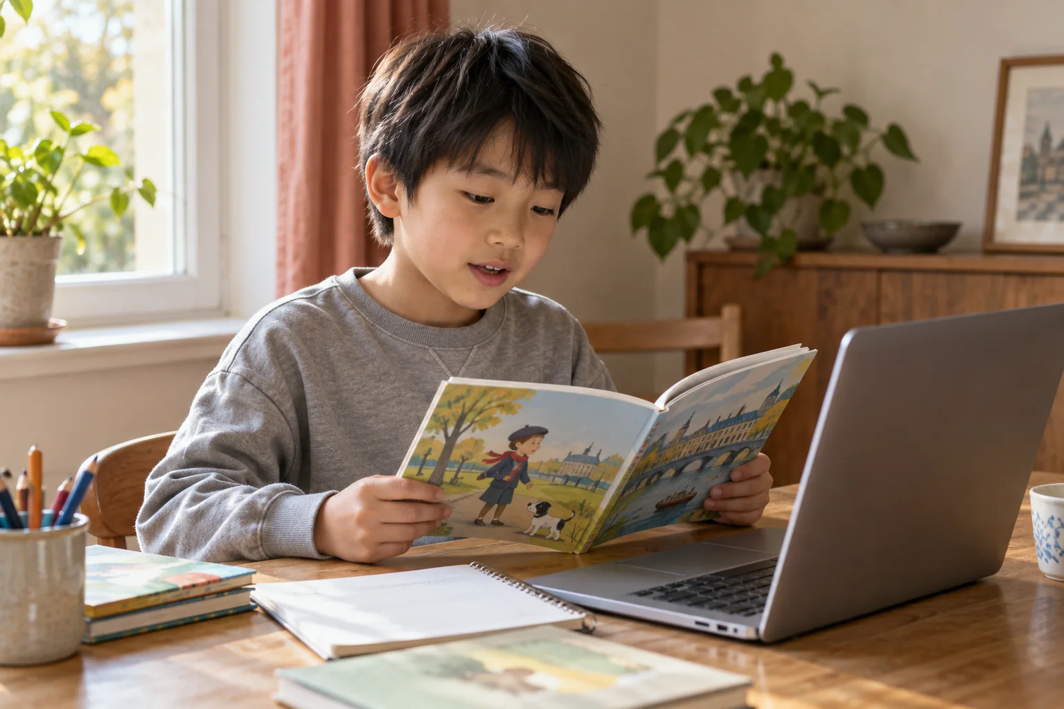 Child reading an illustrated book aloud beside a laptop