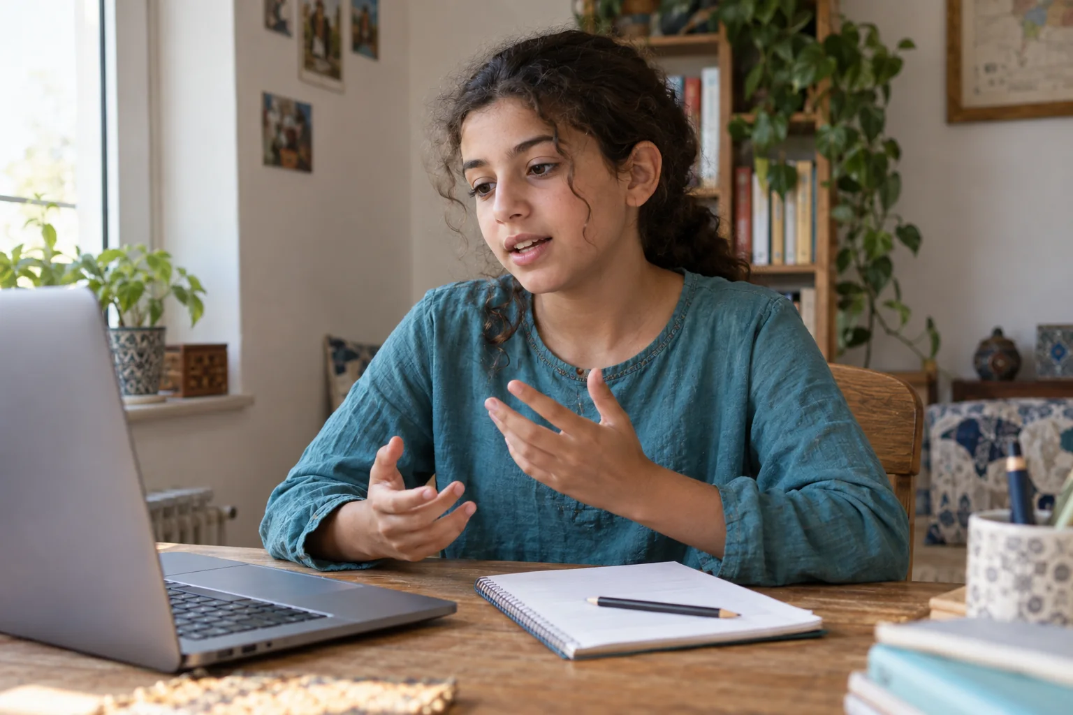 Child sharing ideas during an online language conversation