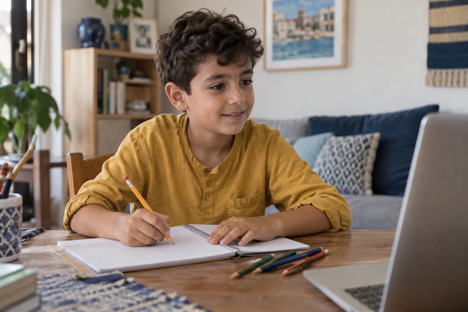 Child practising in a notebook beside a laptop