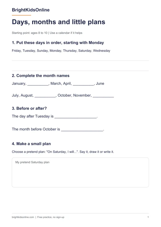 Preview: Days and months worksheet in English