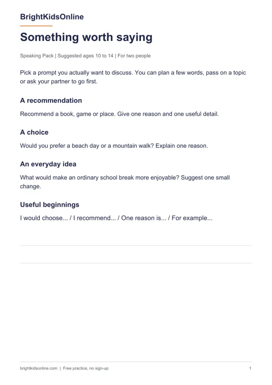 Preview: Free English speaking pack for ages 10 to 14
