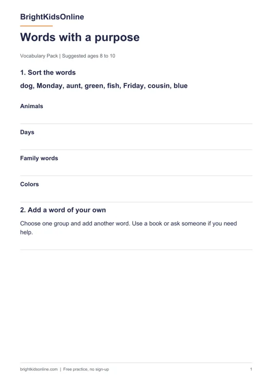 Preview: Free English vocabulary pack for ages 8 to 10