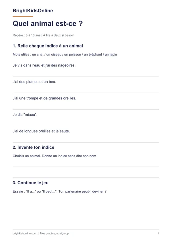 Preview: French animals worksheet for kids