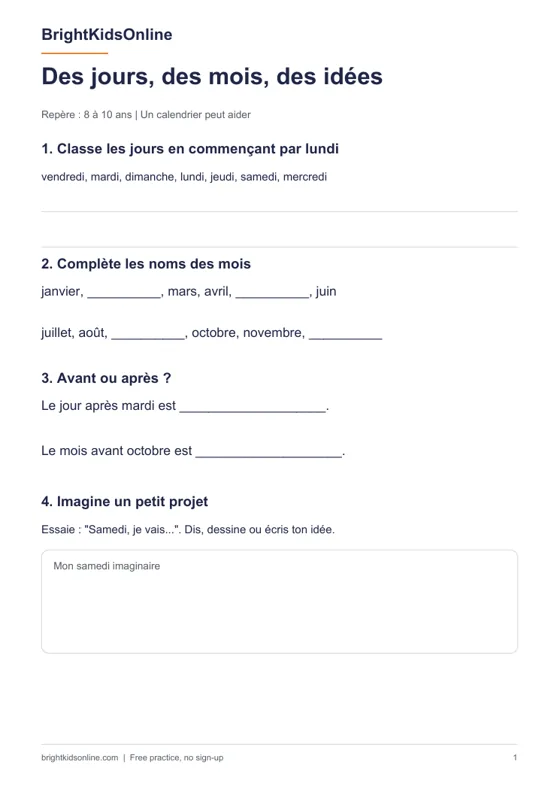 Preview: French days and months worksheet for kids