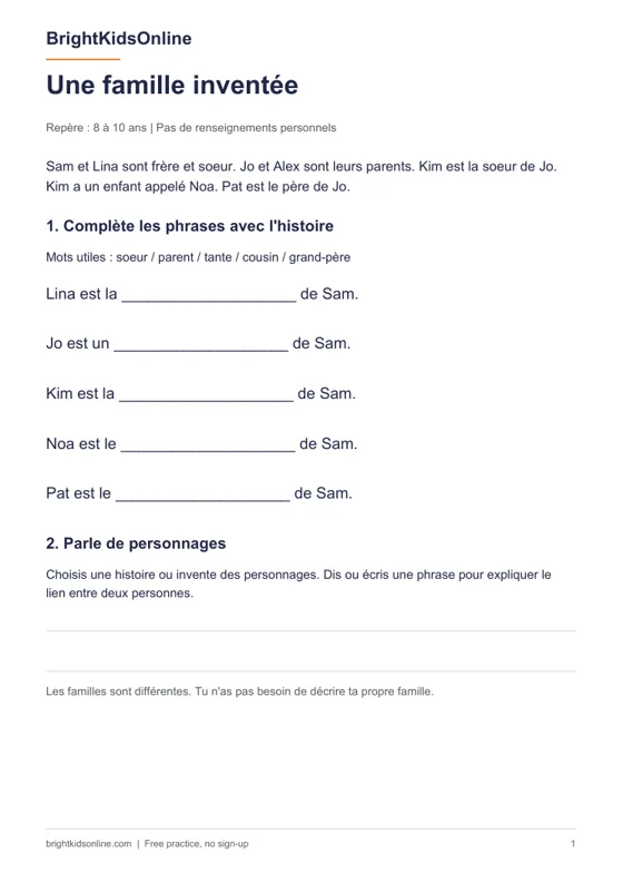 Preview: French family vocabulary worksheet for kids