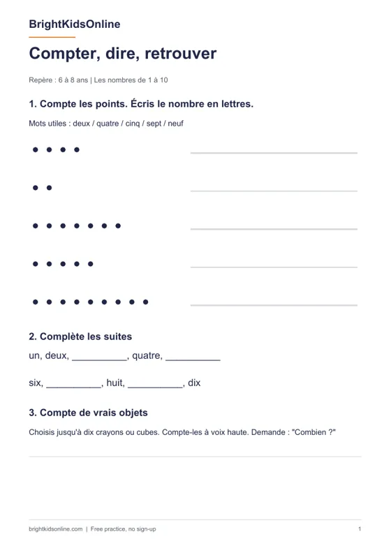 Preview: French numbers worksheet for kids
