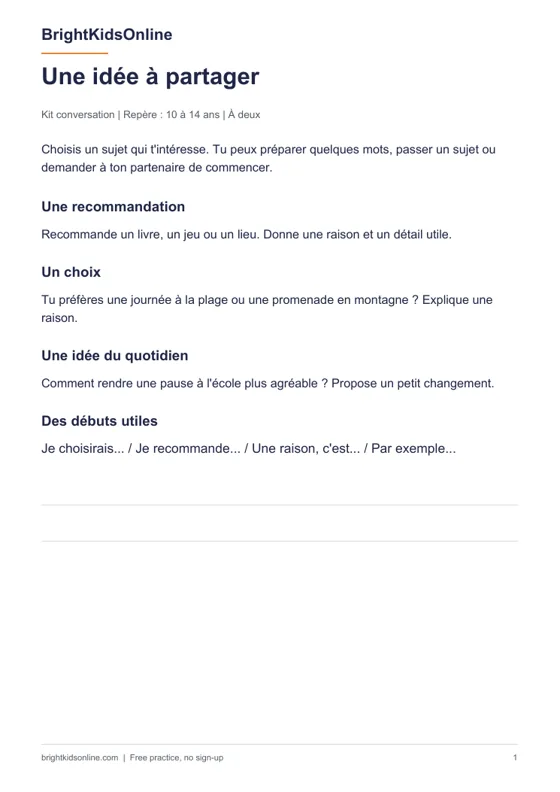 Preview: Free French speaking pack for ages 10 to 14