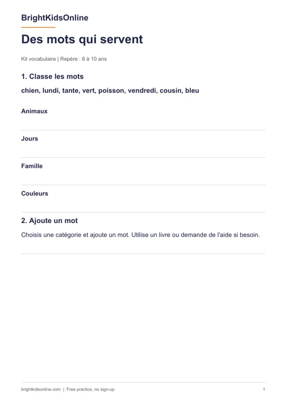 Preview: Free French vocabulary pack for ages 8 to 10